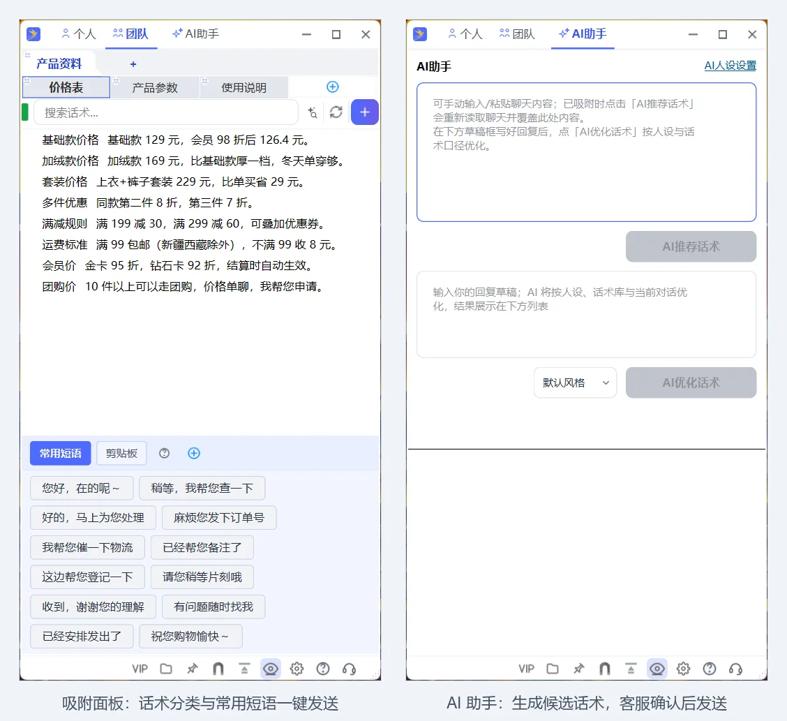 快易回客户端的吸附面板与AI助手页：话术分类一键发送，AI生成候选话术后由客服确认